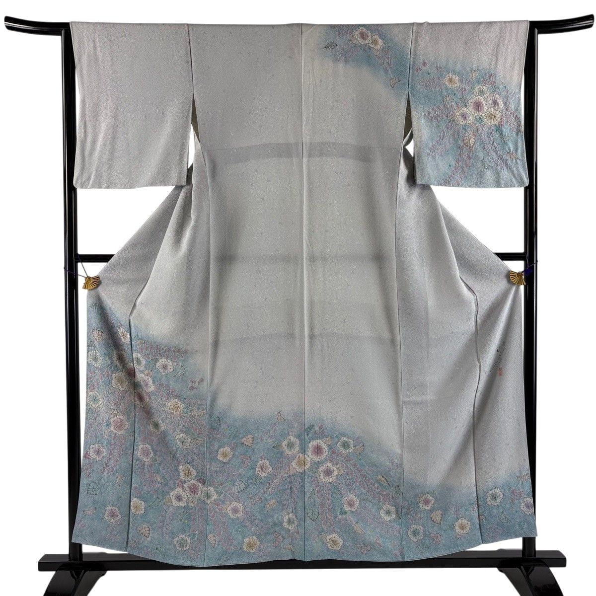 訪問着 身丈157.5cm 裄丈63.5cm S 袷 落款 辻が花 ぼかし 青灰色 正絹 秀品 【中古】