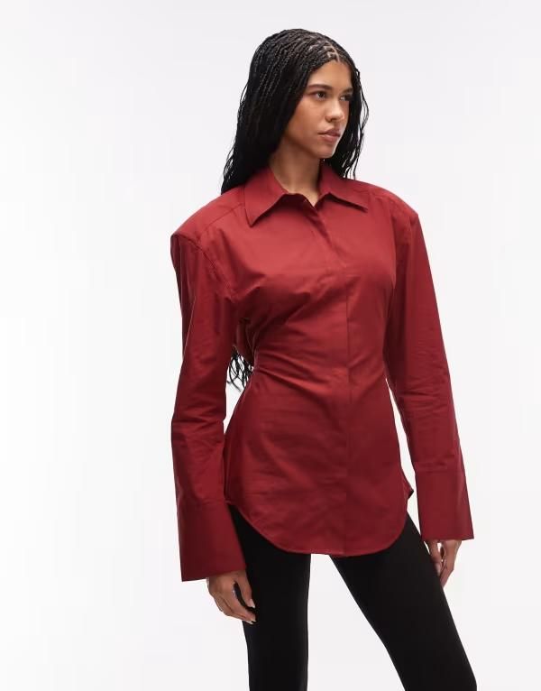 エイソス レディース トップス シャツ ASOS DESIGN cinched shoulder pad tie back shirt Red レッド