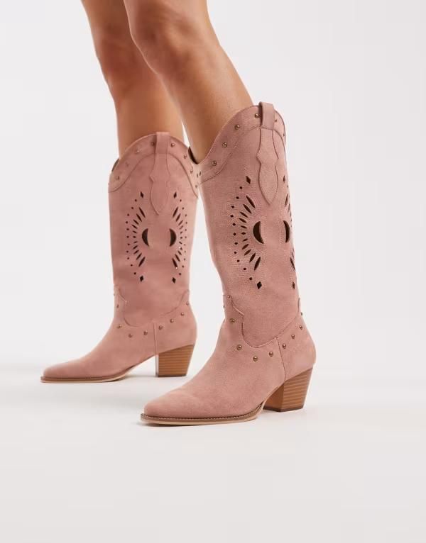 グラマラス レディース シューズ ブーツ・レインブーツ Glamorous western knee boots in baby pink micro PINK NUDE MF ピンク