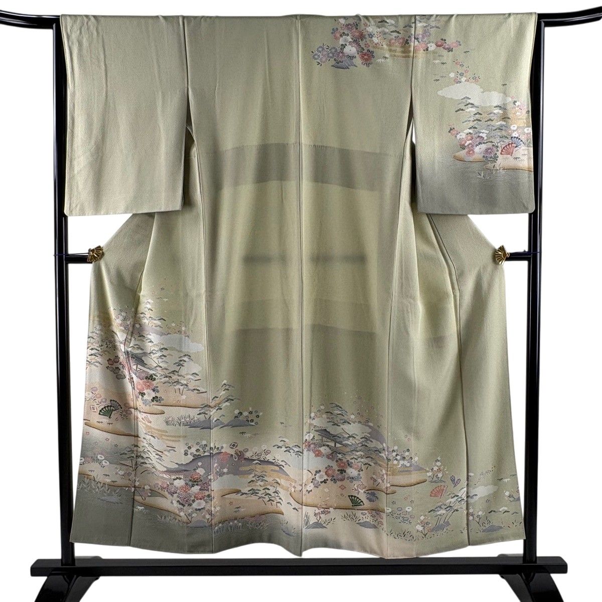 訪問着 身丈153.5cm 裄丈65cm M 袷 松竹梅 金彩 ぼかし 薄緑 正絹 秀品 【中古】