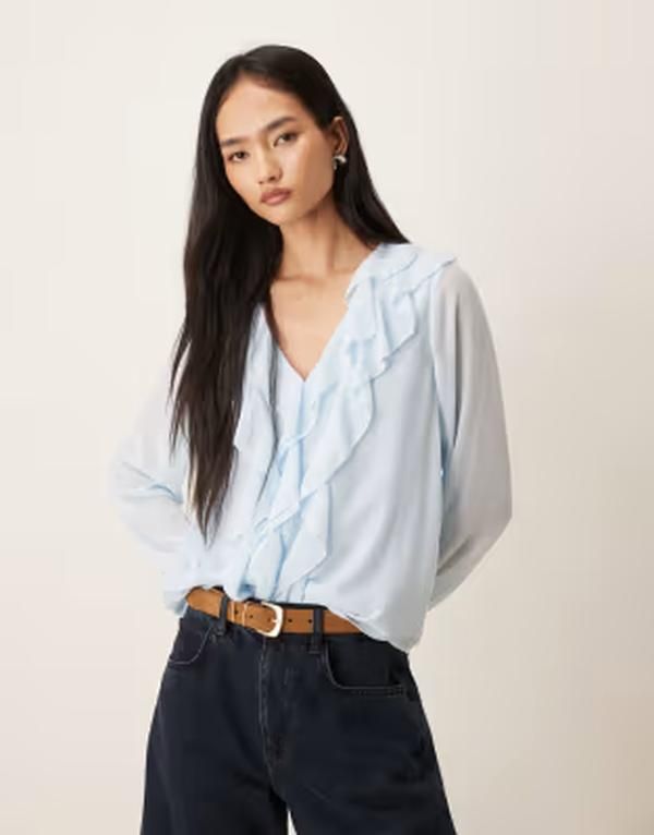 ヴィラ レディース トップス シャツ フリル ブラウス VILA ruffle frill woven blouse in light Nantucket breeze ブルー