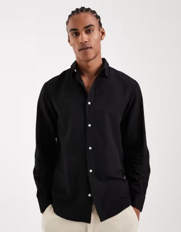 ジャック アンド ジョーンズ メンズ トップス シャツ リネン Jack Jones linen blend regular shirt Black ブラック