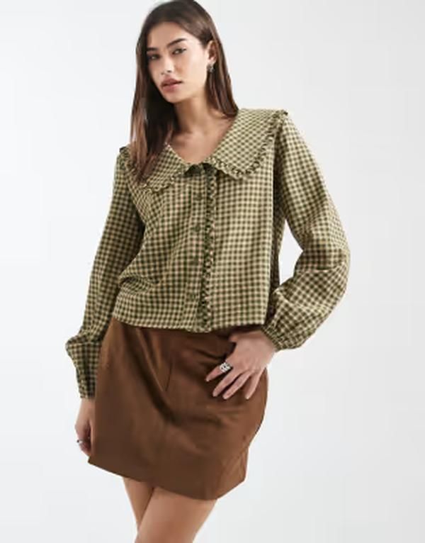 デイジーストリート レディース トップス シャツ Daisy Street oversized collar shirt green and brown plaid Khaki brown カーキ