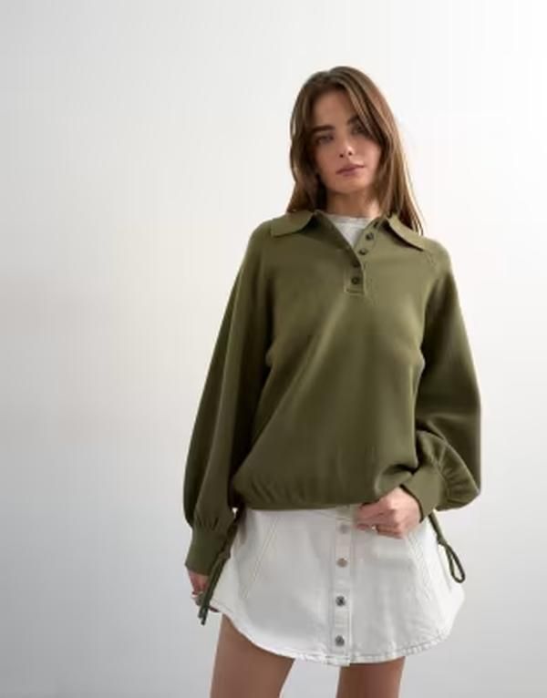 トップショップ レディース アウター ニット・セーター ポロシャツ Topshop knit compact utility cinchem polo shirt Khaki カーキ