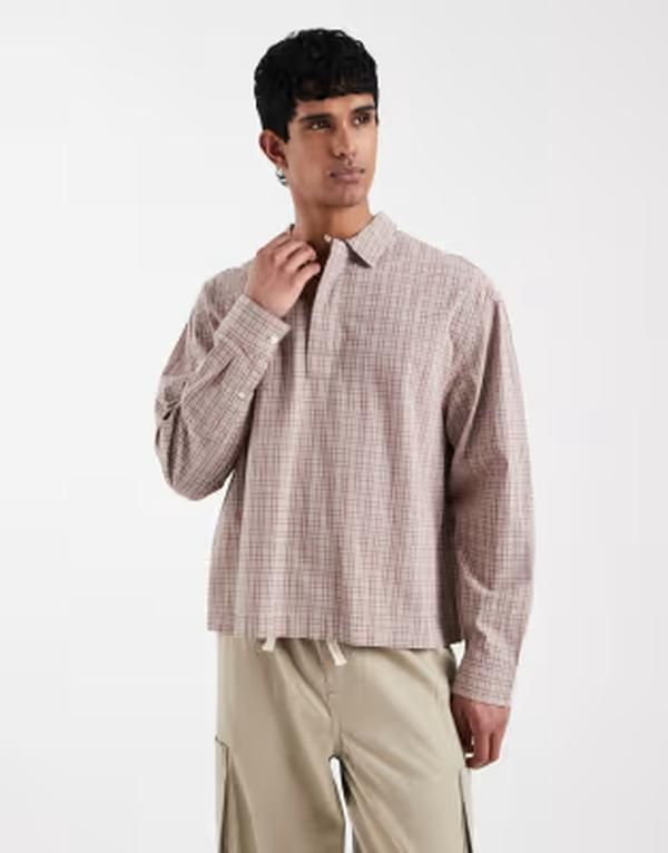 エイソス メンズ トップス シャツ ASOS DESIGN boxy oversized overhead plaid shirt BROWN ブラウン