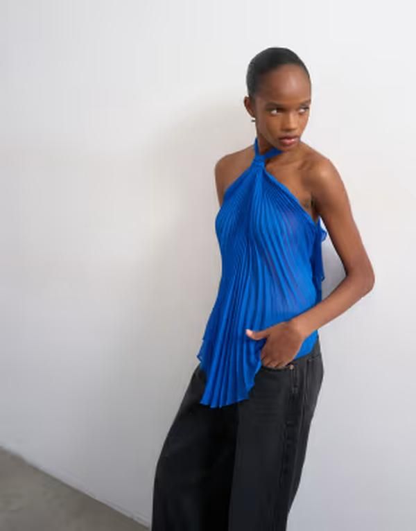 トップショップ レディース トップス シャツ プリーツ ホルター Topshop knot halter top with pleated fabric in cobalt コバルト