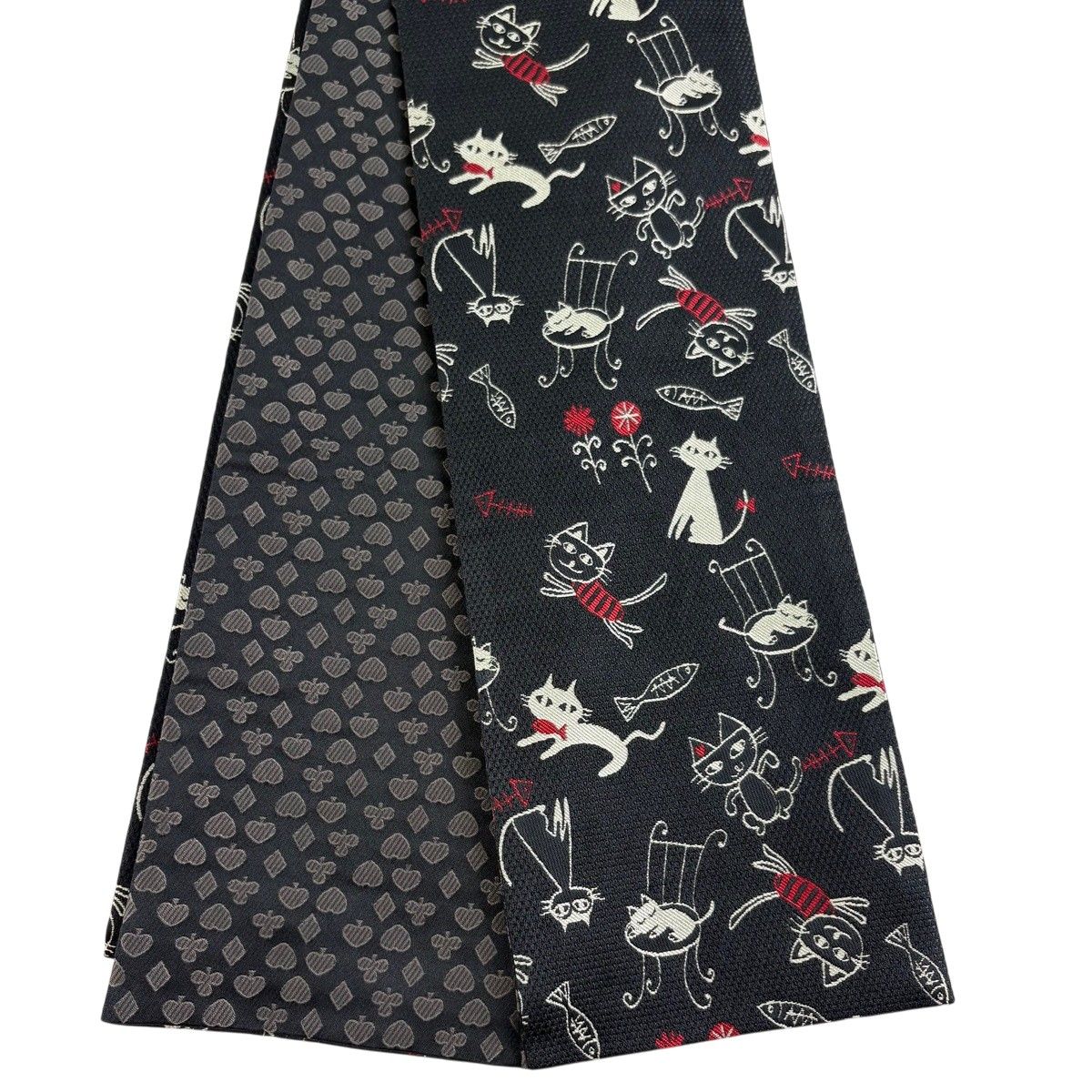 【美品】半幅帯 優品 猫柄 黒 化繊 【中古】