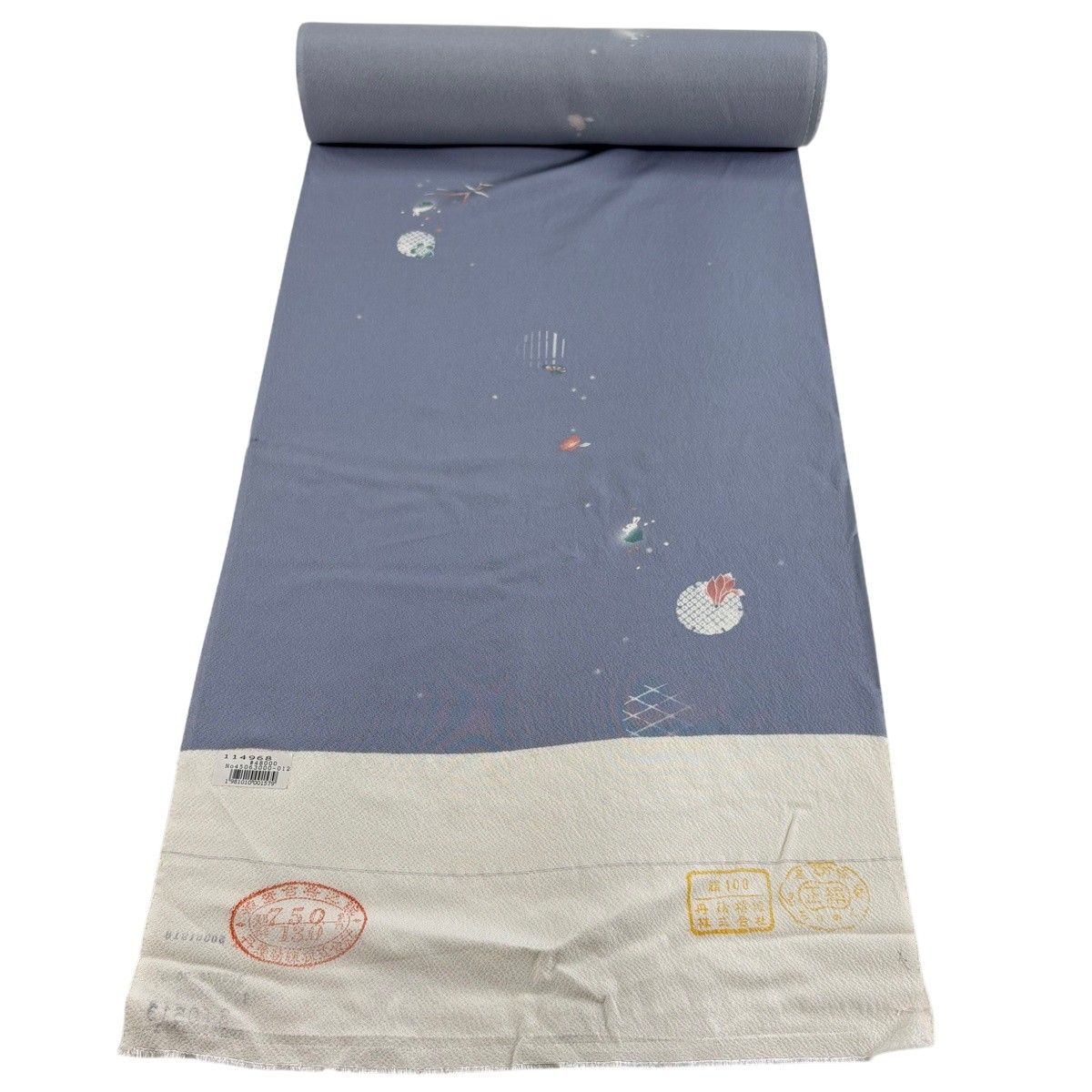 反物 秀品 小紋 うさぎ 雪輪 青灰色 正絹 【中古】