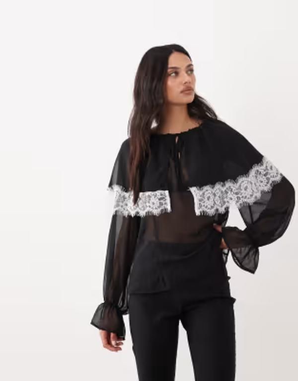 ミスセルフフリッジ レディース トップス シャツ ケープデザイン コントラスト キャップ ケープ ブラウス Misselfridge cape blouse with contrastrim Blac 14,610円