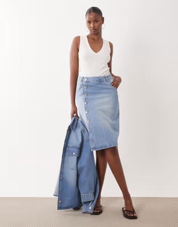 エイソス レディース ボトムスカート デニム ASOS DESIGN lowaist denim pencil skirt in mid BLUE ブルー