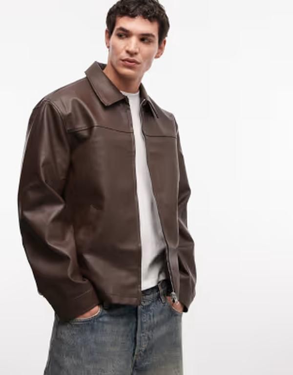 エイソス メンズ アウター ジャケット・ブルゾン レザー フェイクレザー ASOS DESIGN faux leather harrington jacket BROWN ブラウン