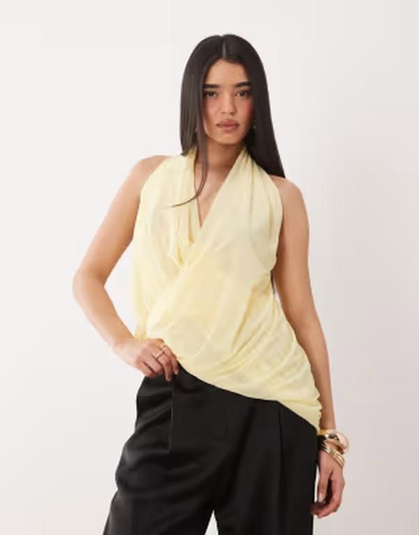 エイソス レディース トップス シャツ シフォン ドレープ ホルター ASOS DESIGN stretchiffon halter neck draped top in lemon