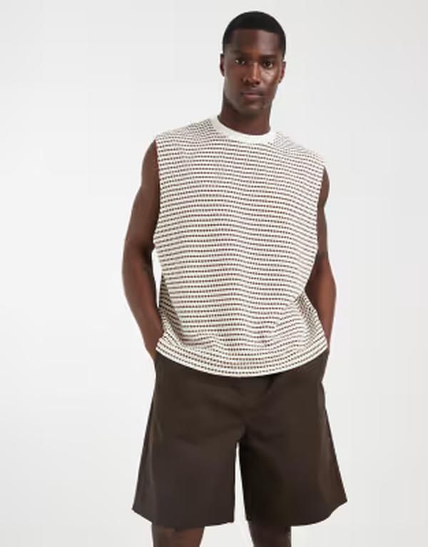 エイソス メンズ トップス ベスト ASOS DESIGN heavyweight boxy oversized tank top textured fabric BROWN ブラウン