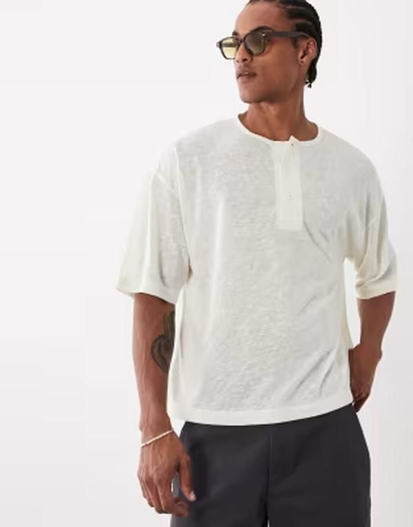 エイソス メンズ トップス Tシャツ ヘンリーネック リネン ASOS DESIGN boxy oversized tshirt withenley neck in cream linen look
