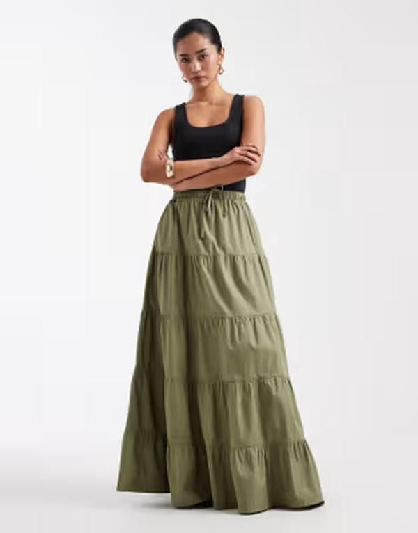 スリードベア レディース ボトムスカート ティアード マキシ Threadbare poplin tiered maxi skirt in olive GREEN グリーン