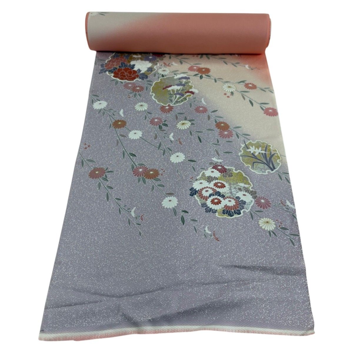 反物 秀品 付下げ 草花 雪輪 金銀彩 染め分け サーモンピンク 正絹 【中古】
