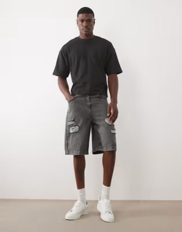 エイソス メンズ ボトムス ハーフパンツ・ショーツ デニム ASOS DESIGN mid length denim jorts in washed black with rips WASHED BL