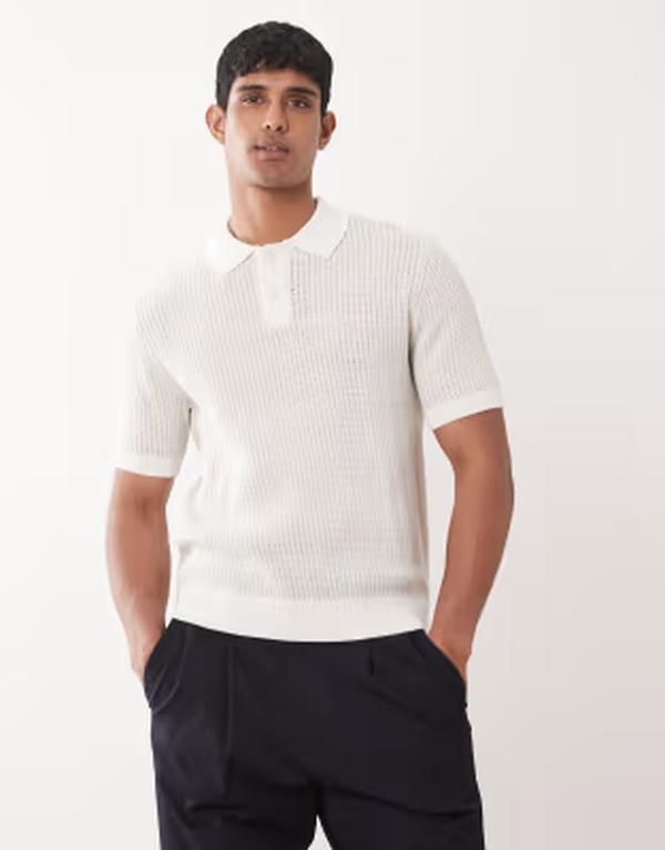 マンゴ メンズ アウター ニット・セーター ポロシャツ Mango knit camp collar short sleeve polo shirt in cream クリーム