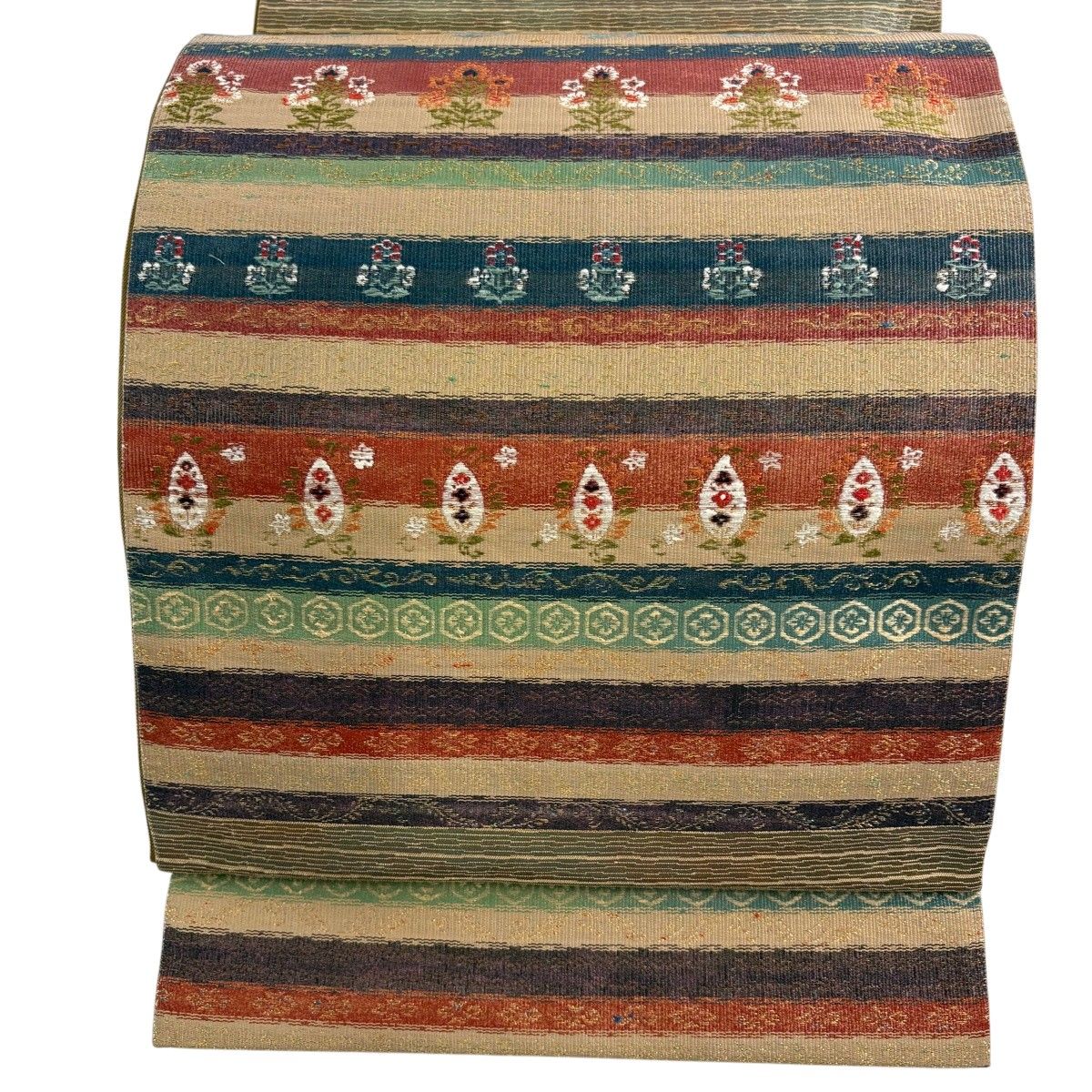 【美品】 袋帯 秀品 草花 段縞 金糸 箔 薄茶色 お太鼓柄 正絹 【中古】