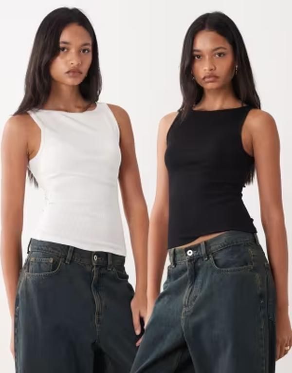 ミスセルフフリッジ レディース トップス タンクトップ Misselfridge 2 pack tank tops with picotrim Black and white ホワイト