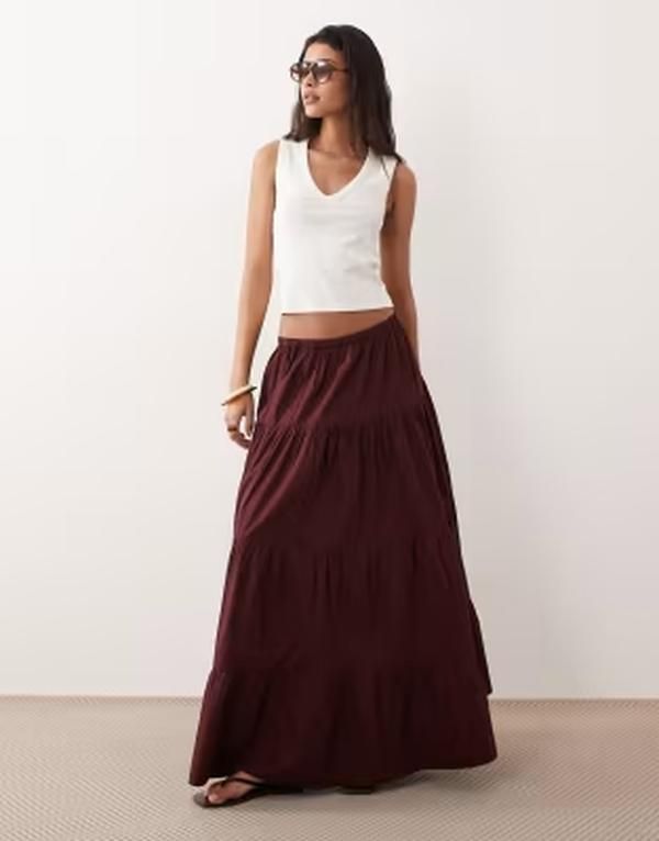 ミスセルフフリッジ レディース ボトムスカート ティアード マキシ Misselfridge tiered poplin maxi skirt in chocolate チョコレート