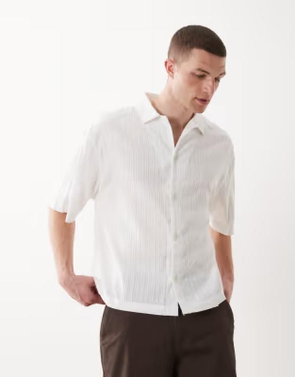エイソス メンズ トップス シャツ ASOS DESIGN boxy oversized camp collar textured shirt WHITE ホワイト