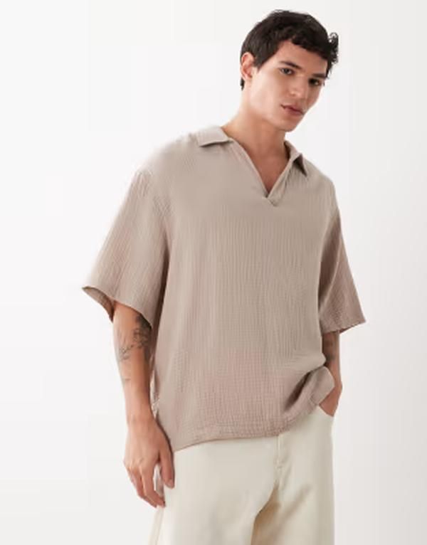 エイソス メンズ トップス シャツ ASOS DESIGN oversized overhead cheesecloth shirt BEIGE ベージュ