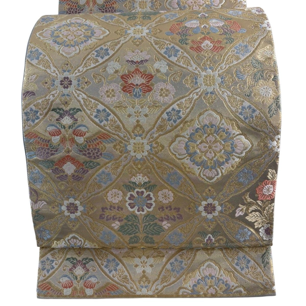 【美品】 袋帯 秀品 七宝繋ぎ 華文 金糸 箔 金色 六通 正絹 【中古】