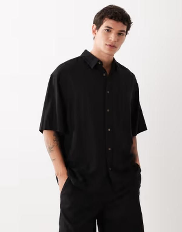 エイソス メンズ トップス シャツ リネン ASOS DESIGN oversized linen blend shirt part of a set Black ブラック