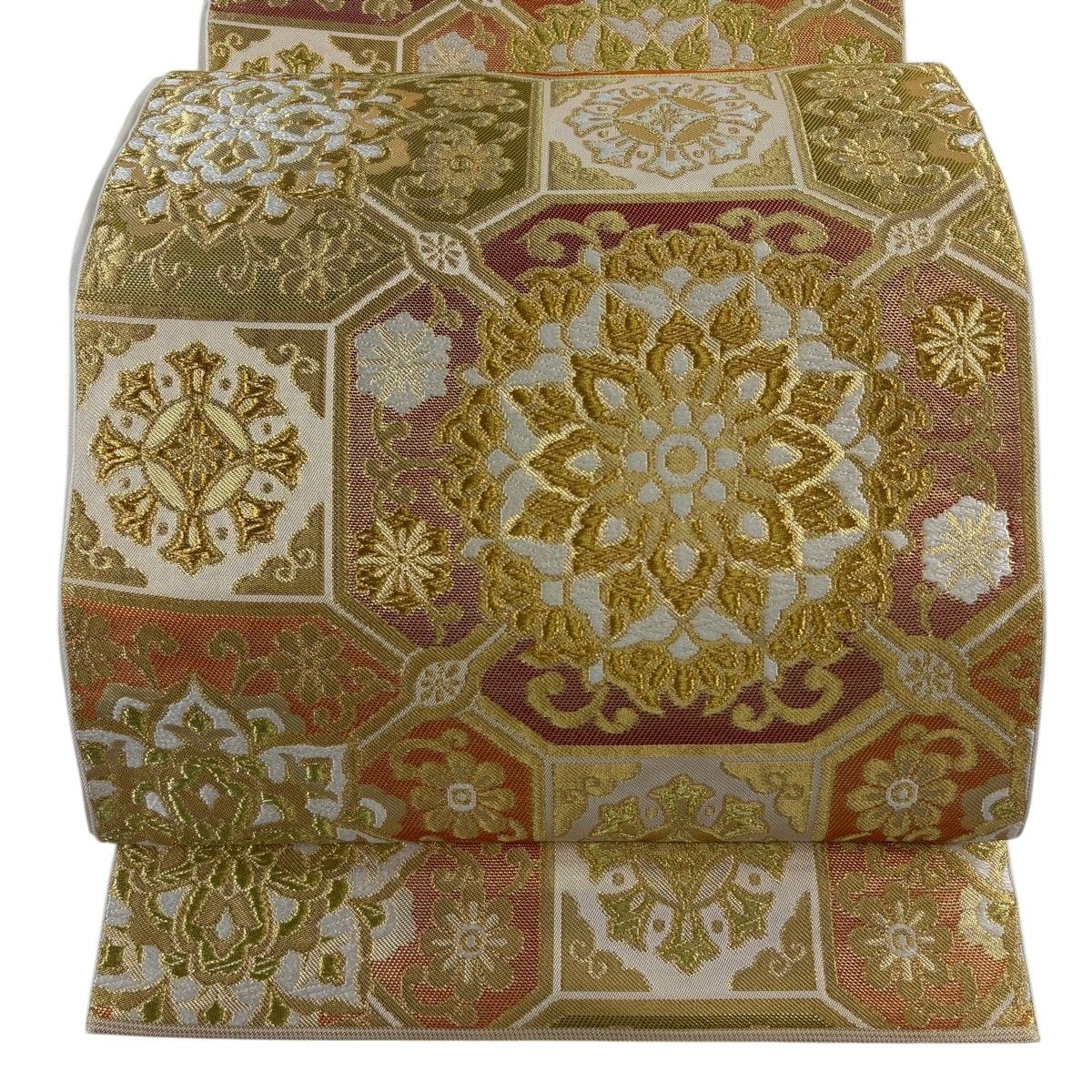 【美品】 袋帯 逸品 川島織物 落款 関西仕立て 華文 金糸 箔 金色 六通 正絹 【中古】