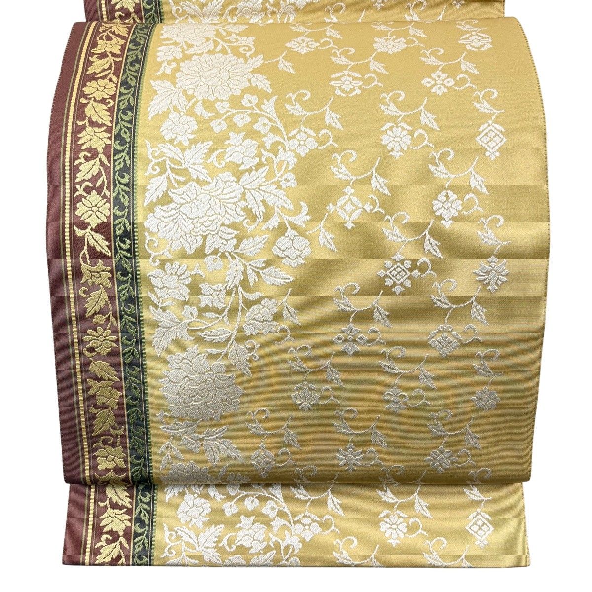 【美品】 袋帯 逸品 花唐草 縞 黄土色 全通 正絹 【中古】