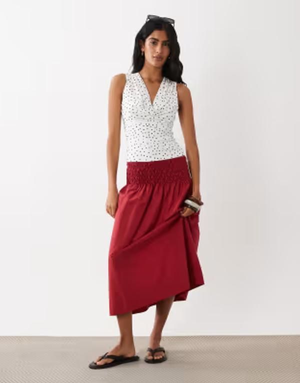 マンゴ レディース ボトムスカート マキシ Mango Siros crinkle waist maxi skirt part of a set RED レッド