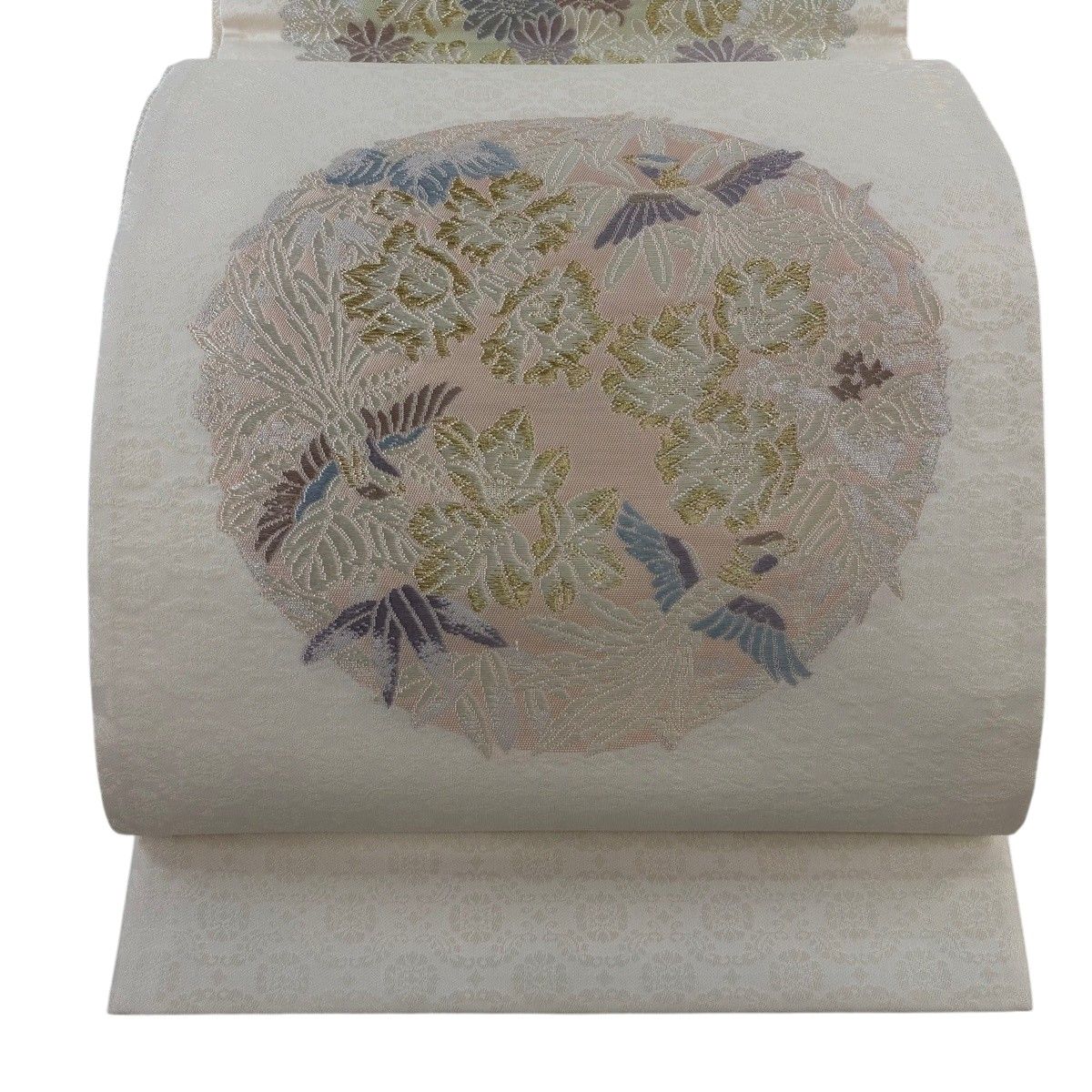 【美品】 袋帯 逸品 桐竹鳳凰御印文 鳥 金糸 箔 クリーム お太鼓柄 正絹 【中古】