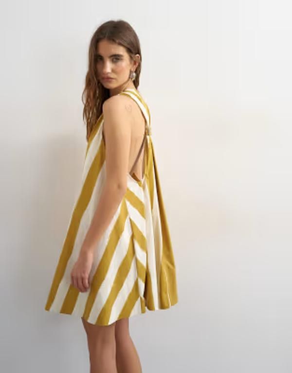 トップショップ レディース トップス ワンピース プリント ミニ コントラスト ホルター Topshopoplin halter deep hemini trapeze dress in mustar