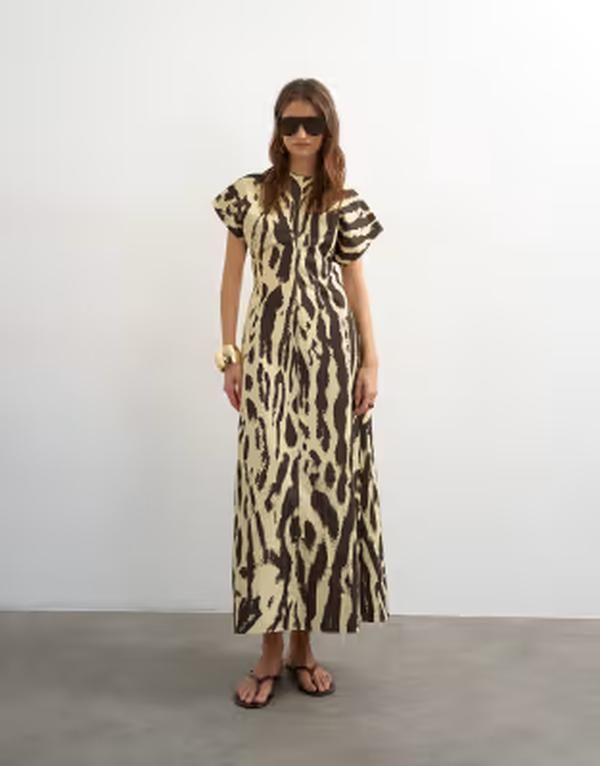 トップショップ レディース トップス ワンピース アニマル柄 ドロップショルダー プリント コットン マキシ Topshop cotton twill structuredrop shoulder m