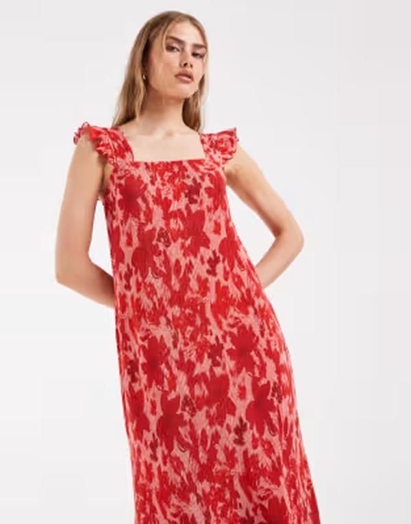ピーシーズ レディース トップス ワンピース フラワー柄 プリント マキシ フラワー PIECES plisse maxi dress with frill sleeves and red flora