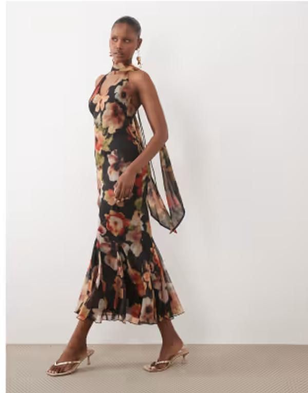 エイソス レディース トップス ワンピース フラワー柄 プリント フラワー ASOS DESIGN bias plunge cami dress with full godets and scarf