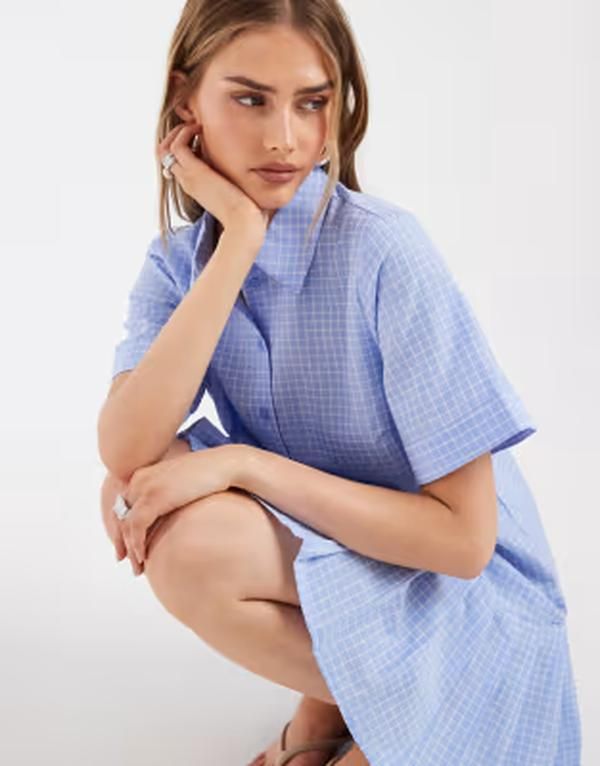 ピーシーズ レディース トップス ワンピース ギンガムチェック プリーツ ミニ シャツ ギンガム Pieces drop waist pleated mini shirt dress and whit