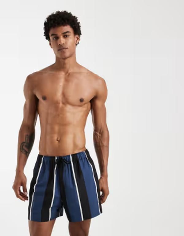 エイソス メンズ 水着 ハーフパンツ・ショーツ ショートパンツ ASOS DESIGN swim shorts in short length and black stripes NAVY ネイビー