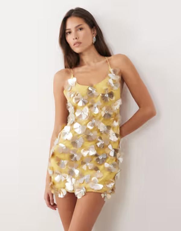 エイソス レディース トップス ワンピース フラワー柄 ミニ スパンコール フラワー ASOS DESIGN 3D floral sequin camini dress in yellow イエロー