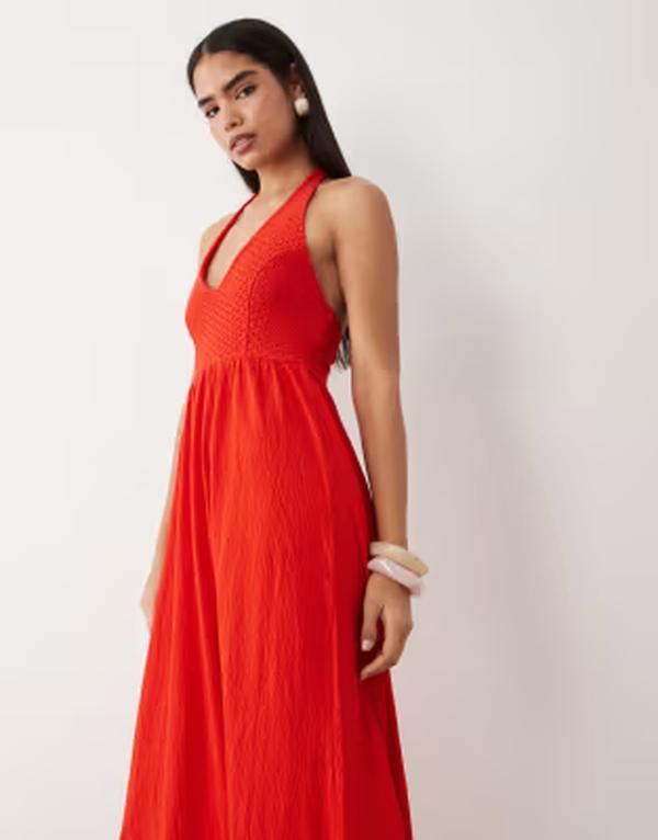 エイソス レディース トップス ワンピース ティアード ミディ ホルター ASOS DESIGN crochet halter neck tiered midi dress RED レッド