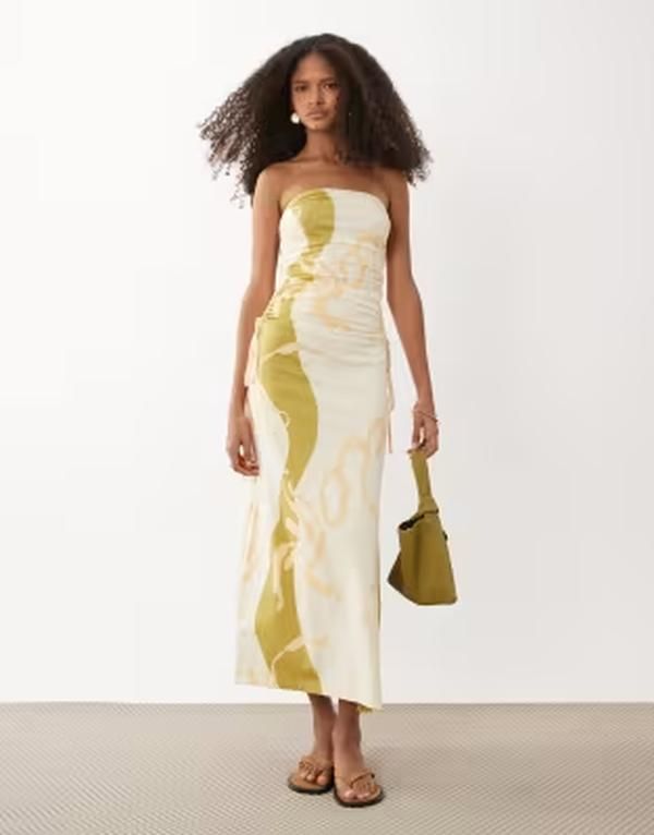 エイソス レディース トップス ワンピース プリント ギャザー ミディ ASOS DESIGN bandeau ruched side midi dress in cream olive abstra 11,085円