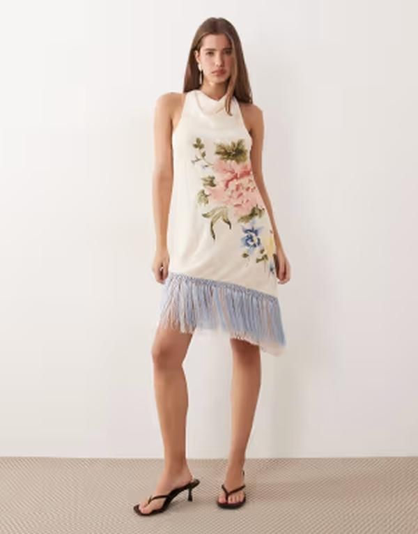 エイソス レディース トップス ワンピース ミニ 刺繍 フリンジ ASOS DESIGN embroidered mini dress with fringe hem in pale Light Pi 27,170円