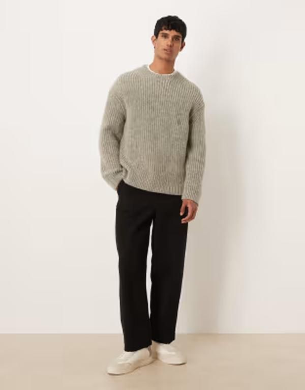 アルケット メンズ アウター ニット・セーター クルーネック リブ ウール ARKET chunky wool ribbed crew neck sweater in heather Gray Hea