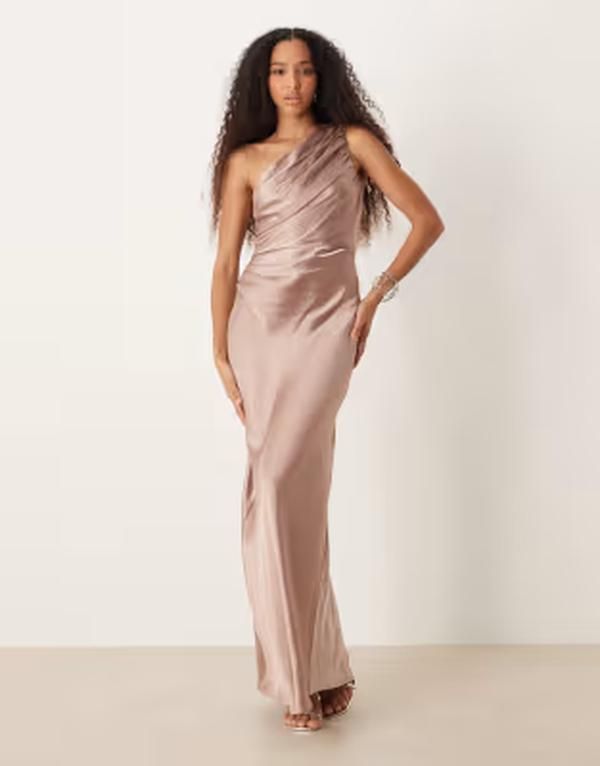 プリティラヴィッシュ レディース トップス ワンピース サテン マキシ Pretty Lavish Bridesmaids Juliet satin gathe red one shoulder ma