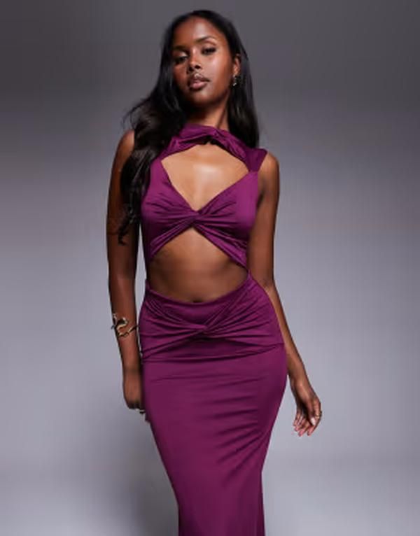 アリアコーブ レディース トップス ワンピース カットアウト ハイネック マキシ Aria Cove double laye red slinky cut out high neck twist fr