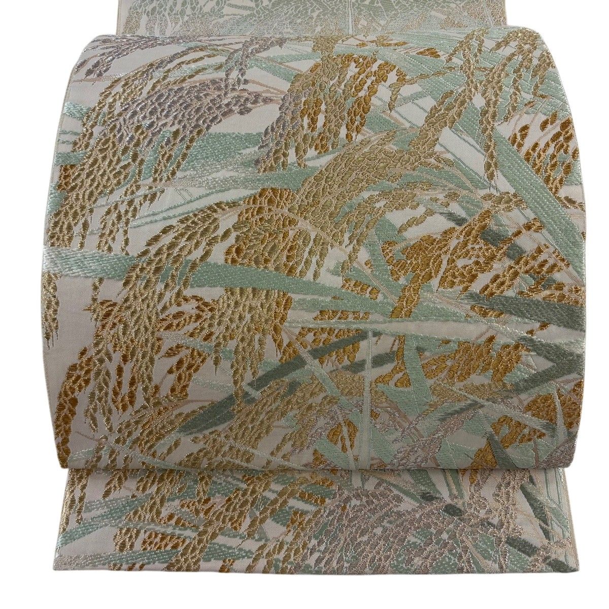 袋帯 逸品 落款 山口弘躬工房 稲 金銀糸 ベージュ お太鼓柄 正絹 【中古】