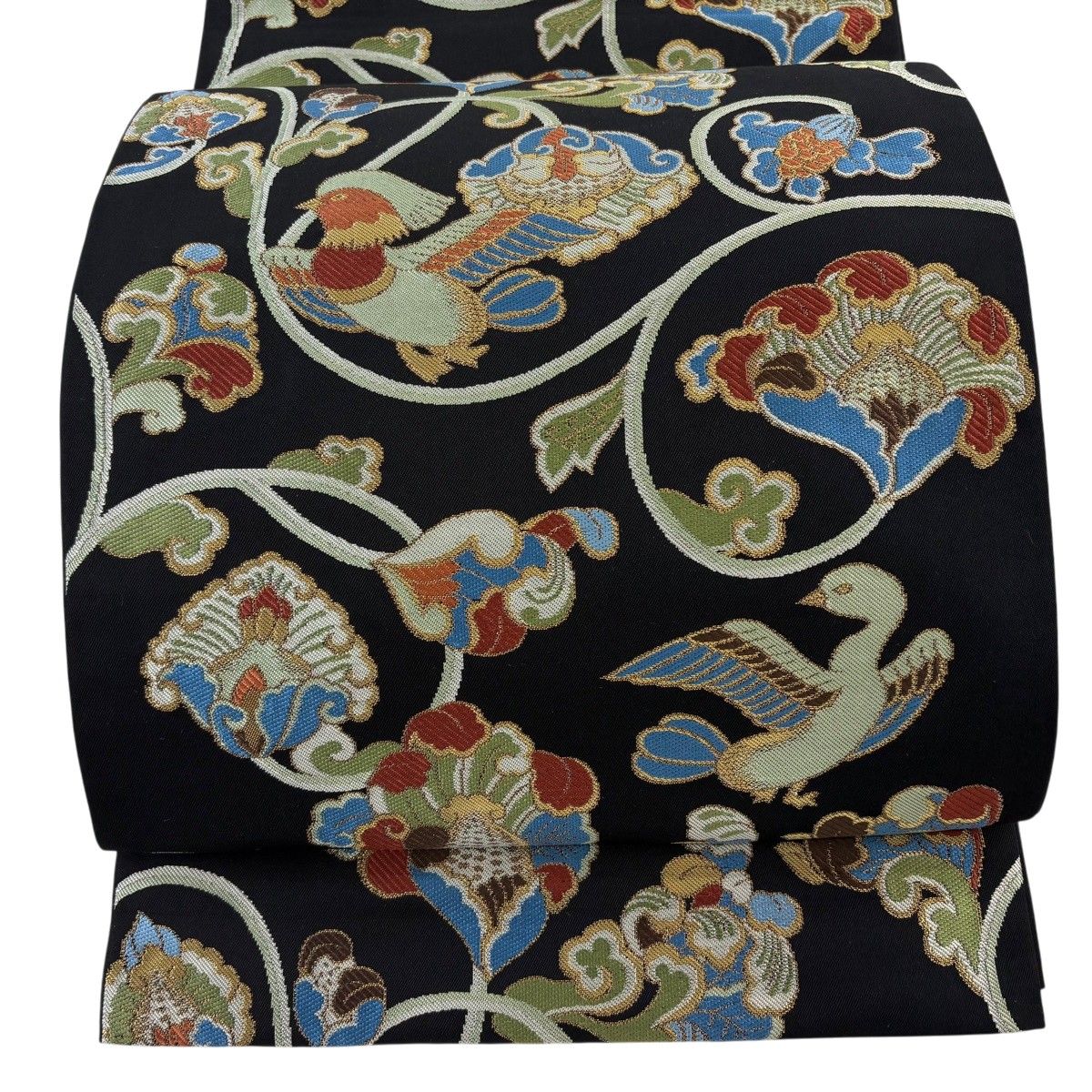 【美品】 袋帯 逸品 川島織物 落款 花唐草 鳥 箔 金糸 黒 六通 正絹 【中古】