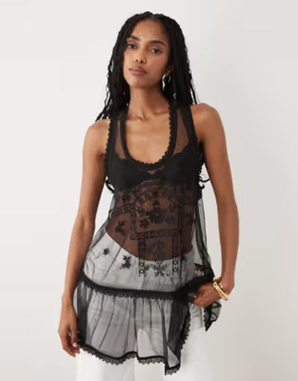 ミスセルフフリッジ レディース トップス シャツ メッシュ 刺繍 Misselfridgembroide red mesh cami top Black ブラック