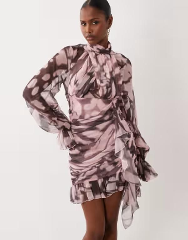 エイソス レディース トップス ワンピース プリント フリル ミニ ASOS LUXE organza ruffle long sleeve mini dress in blur red print